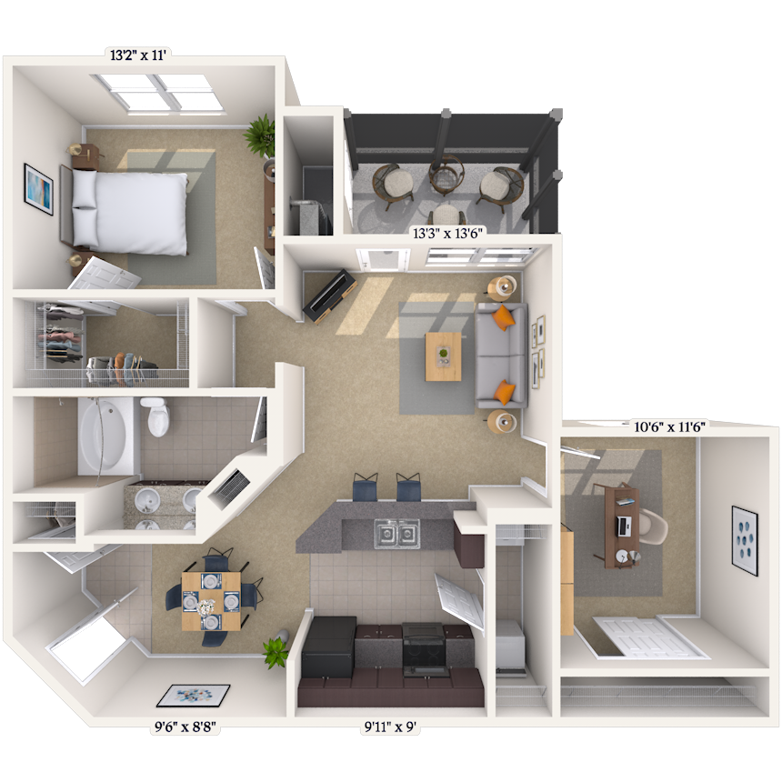 Floor plan for 1 bed, 1 bath, 969 sqft